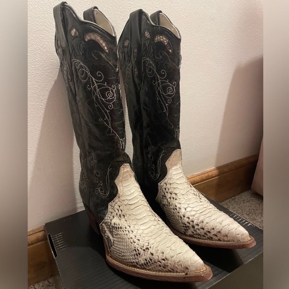 J.B. Dillon Black and Cream Exotic Snakeskin Boots